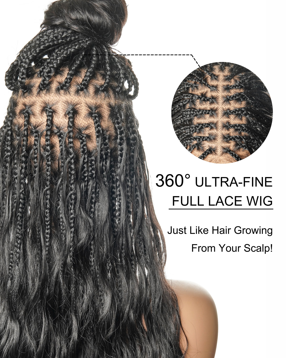 36" Wet & Wavy Human Hair Boho Curls HD Lace Tangleless Super High Density Knotless Boho Box Braided Wig
