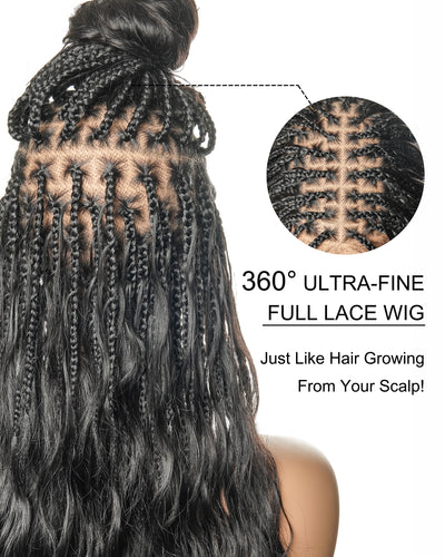 36" Wet & Wavy Human Hair Boho Curls HD Lace Tangleless Super High Density Knotless Boho Box Braided Wig