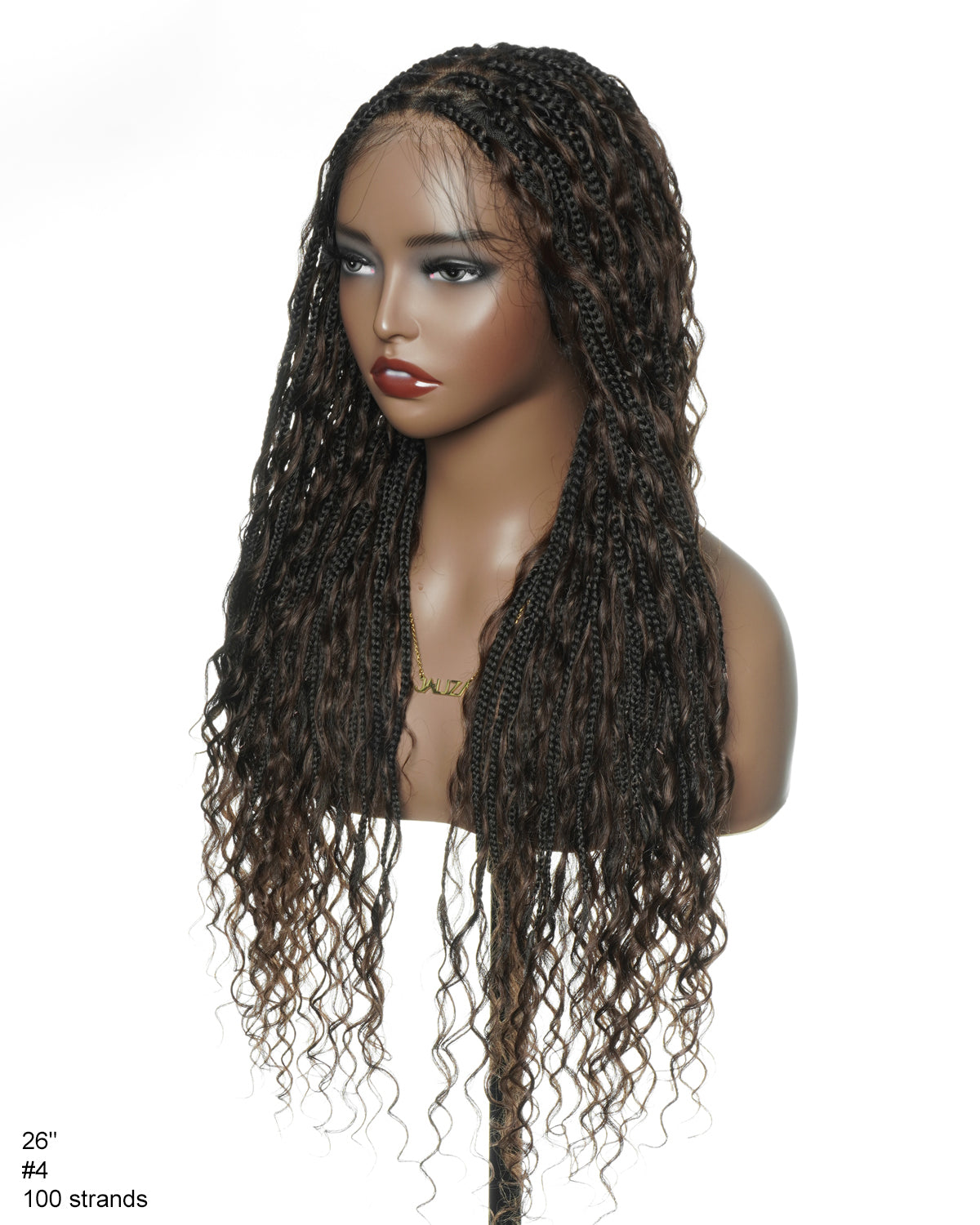 26" Dark Brown #4 Pre Bleached Human Hair Curls Boho Box Braided Wig