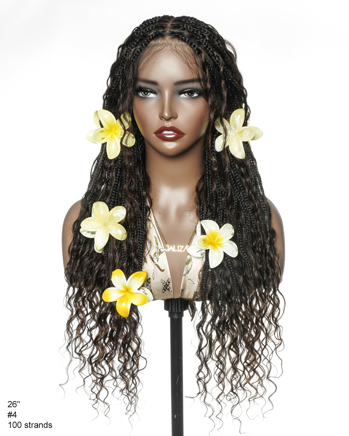 26" Dark Brown #4 Pre Bleached Human Hair Curls Boho Box Braided Wig