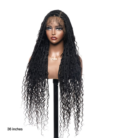 JALIZA 36 inch Black Knotless Boho Box Braids Full Lace Transparent Lace Braided Wig (Mannequin - Front View)