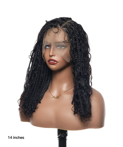 14" Human Hair Boho Curls High Density Triangle Base Knotless Boho Box Braided Wig 102 Strands