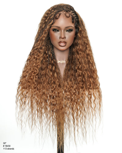 Avery - Fulani 2 Steps Pre Bleached Full lace Cornrow Human Hair Curls Boho Box Braided Wig