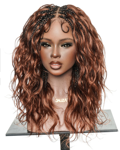 Michelle - Dark Auburn Brown Color #33 Glueless Human Hair Body Wave Curls Pre Bleached HD Full Lace Knotless Boho Box Braided Wig