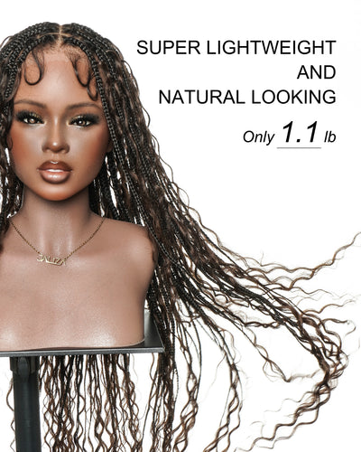 Kiki - Pre Bleached Human Hair Deep Wave Curls Pre Bleached Knotless Swiss HD Full Lace Boho Box Braided Wig