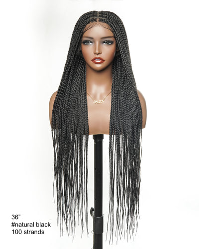36" Pre Bleached Human Hair Swiss HD Lace Lightweight Knotless Box Braided Wig 100 Strands