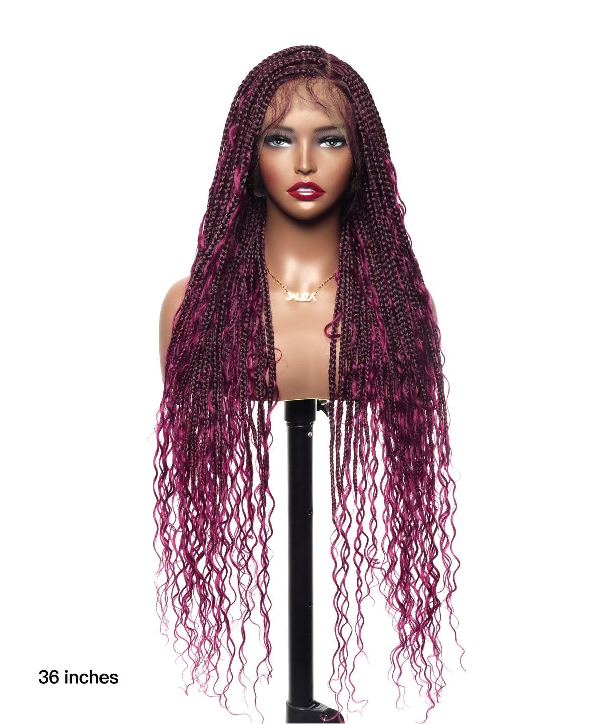 JALIZA Burgundy Knotless Boho Box Braided Wig, 36 inch high density triangle base braided wig with curly human hair boho ends, shown worn on a mannequin against a white background with "36 inches" text in the corner