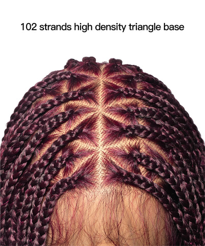 JALIZA High Density Triangle Base Knotless Boho Box Braided Wig 36" with 102 strands in Burgundy — close-up top view showing the triangle-parting lace base and neat knotless braid roots