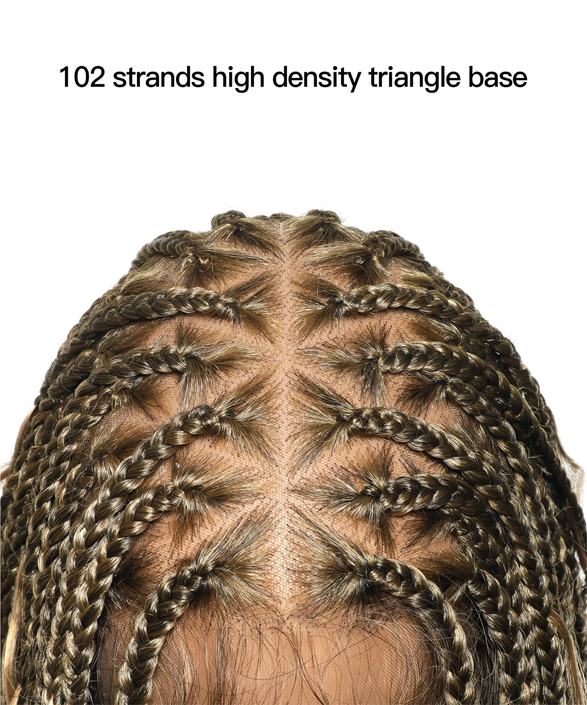 Close-up top view of JALIZA 36-inch high density triangle base knotless boho box braided wig in honey blond 1B/27, showing 102 strands and scalp-like center part