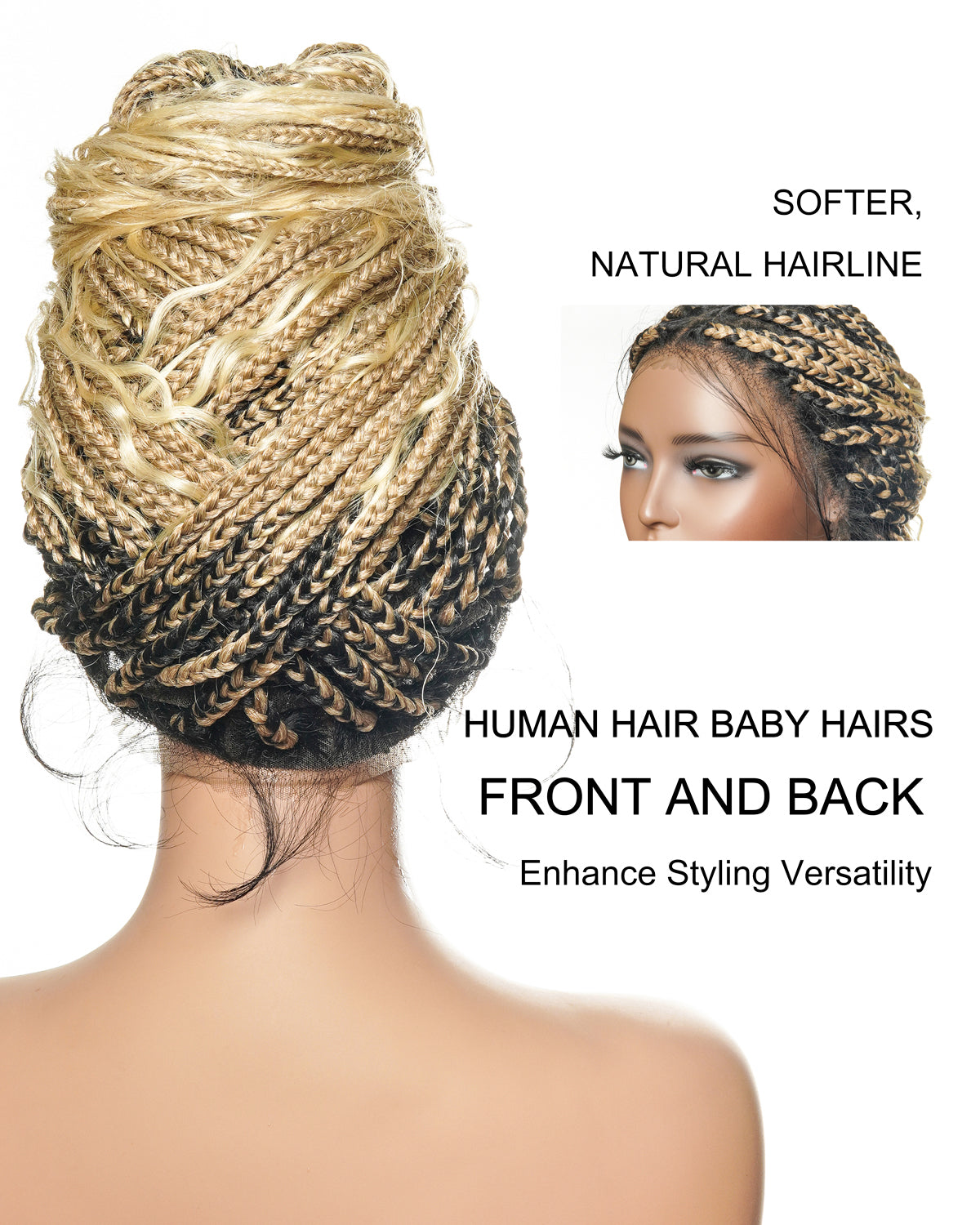 100% Hand-Tied Full Transparent Lace Human Hair Boho Curls Knotless Boho Box Braided Wig