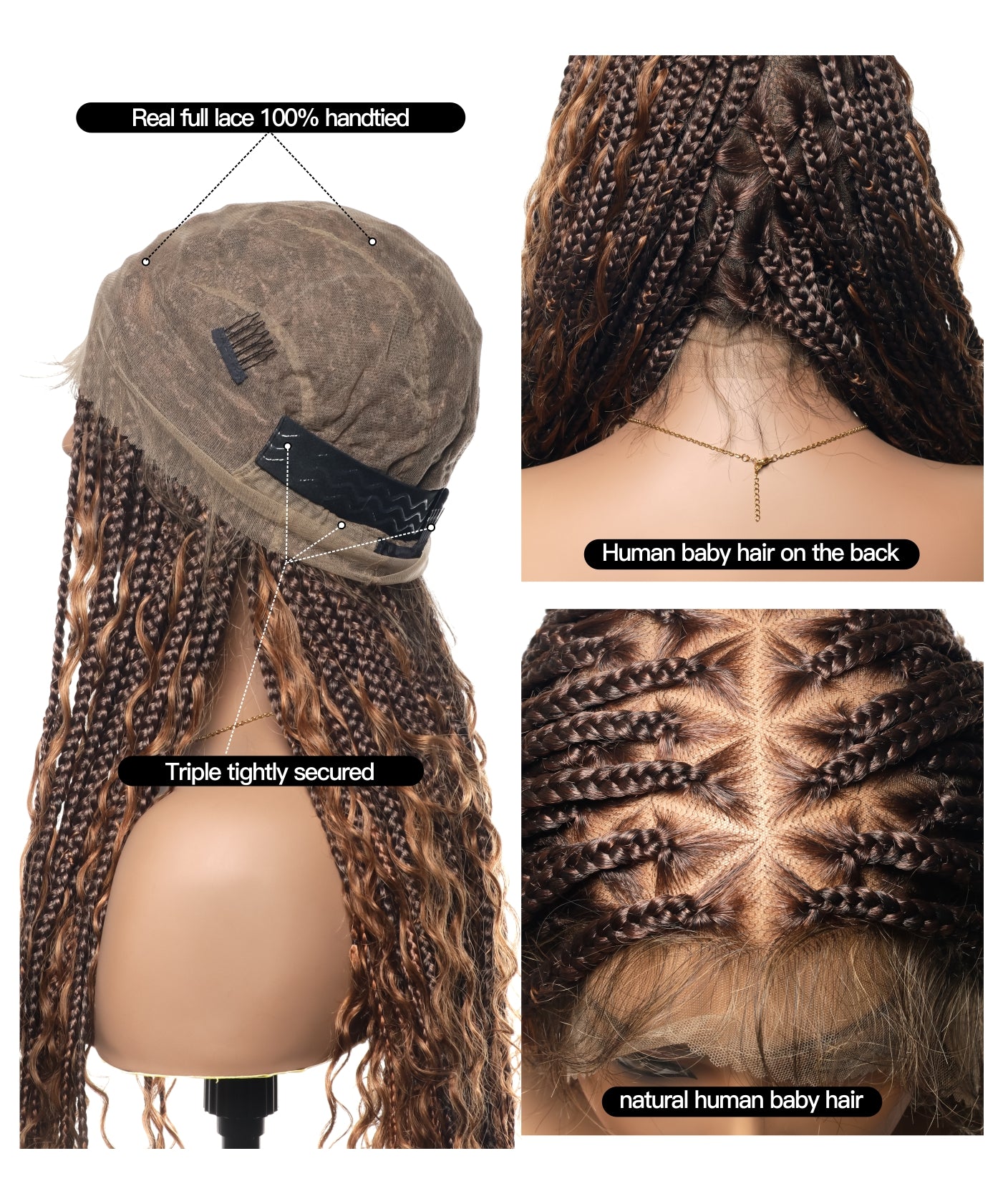 Triangle Base Full Lace Tangleless Human Hair Boho Curls Knotless Boho Box Braided Wig 36"（US only）