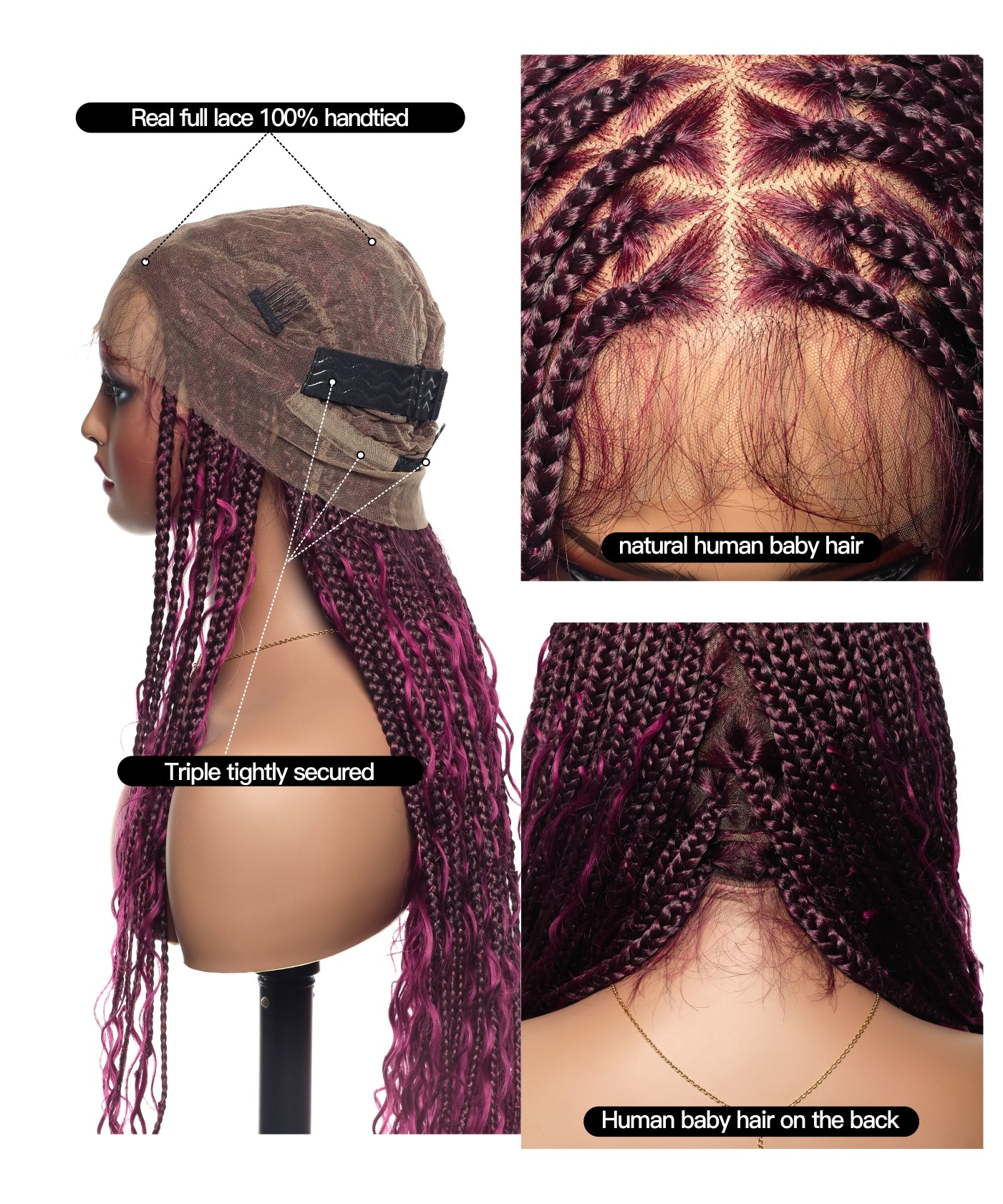 Triangle Base Full Lace Tangleless Human Hair Boho Curls Knotless Boho Box Braided Wig 36"（US only）