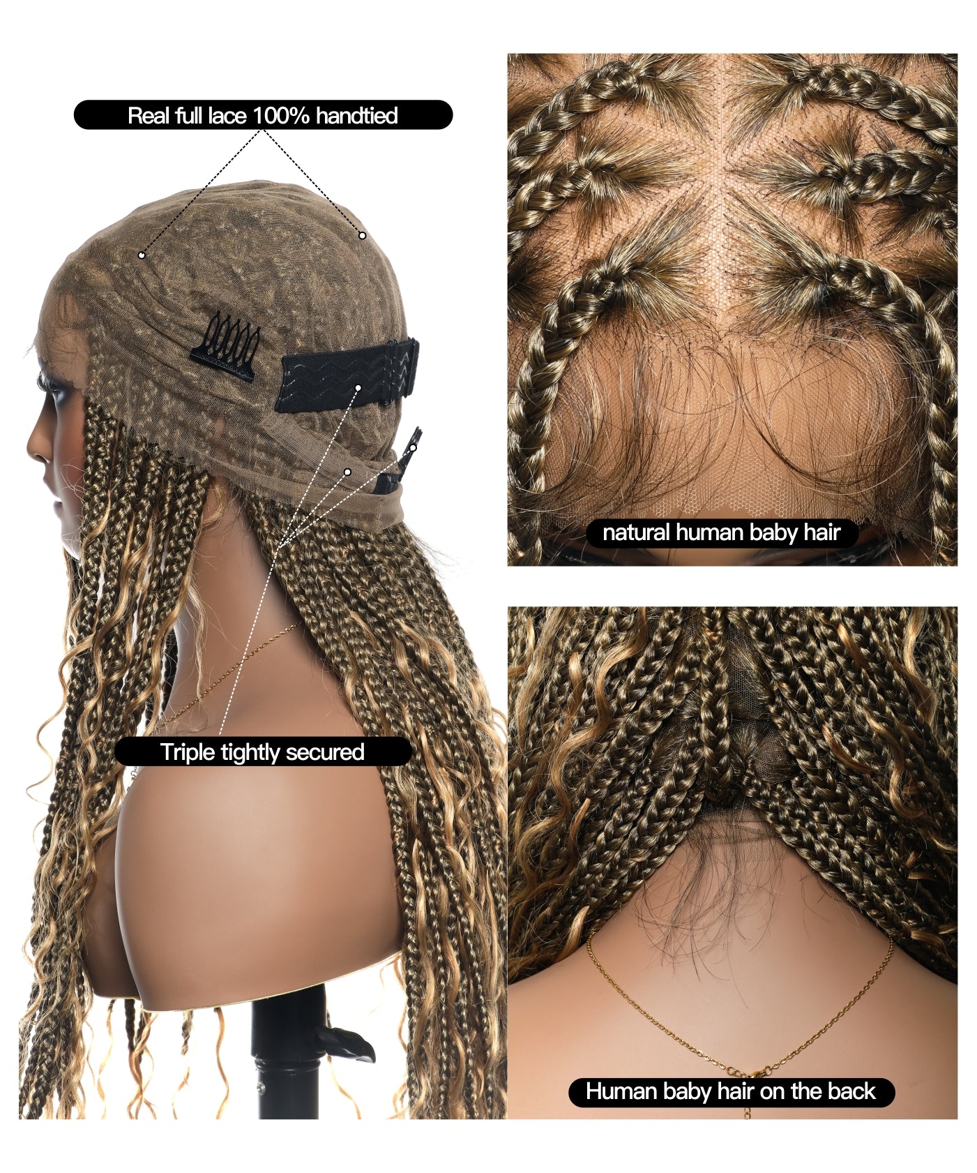 Triangle Base Full Lace Tangleless Human Hair Boho Curls Knotless Boho Box Braided Wig 36"（US only）
