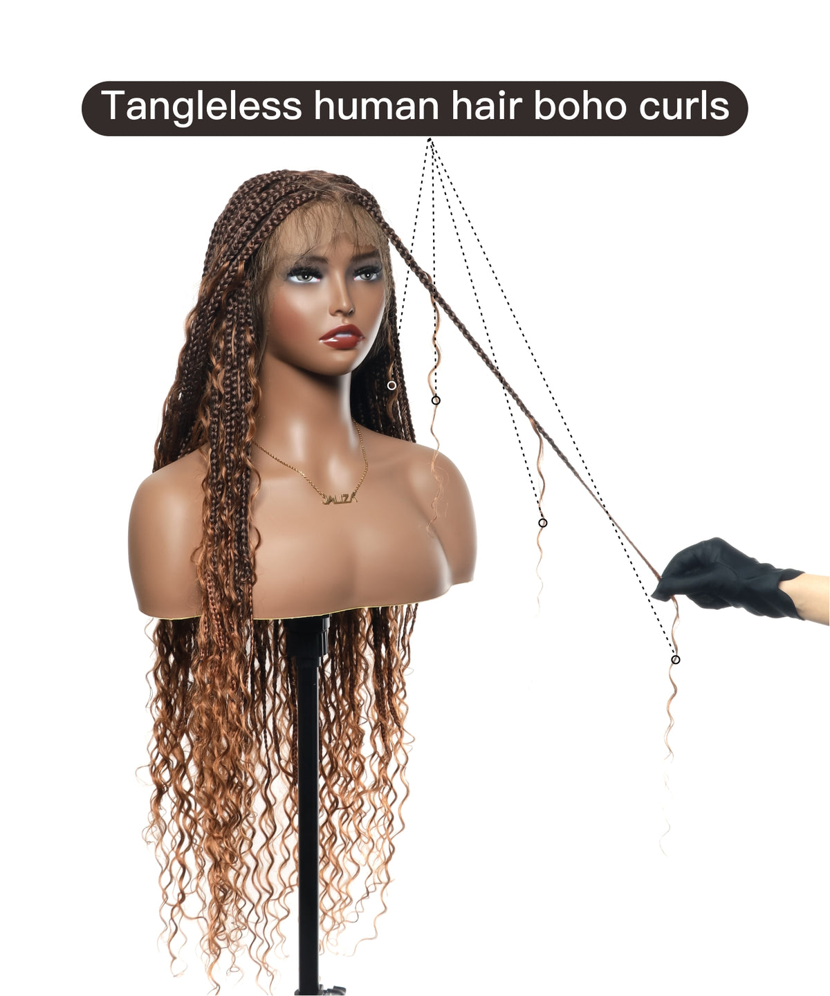 JALIZA High Density Triangle Base Knotless Tangleless Boho Box Braided Wig, 36 inches, ombre brown 1B-30, displayed on a mannequin with a gloved hand pulling a braid to show tangle-free human hair boho curls; text overlay reads 'Tangleless human hair boho curls.'