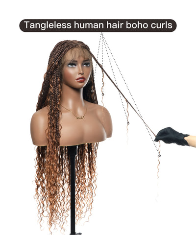 JALIZA High Density Triangle Base Knotless Tangleless Boho Box Braided Wig, 36 inches, ombre brown 1B-30, displayed on a mannequin with a gloved hand pulling a braid to show tangle-free human hair boho curls; text overlay reads 'Tangleless human hair boho curls.'