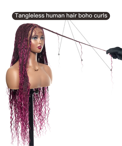 JALIZA 36 inch Burgundy Knotless Boho Box Braids Full Lace Transparent Lace Braided Wig (Mannequin - Front View)