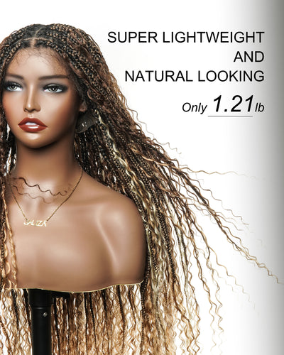 Solana - Human Hair Pre Bleached Lace Swiss HD Full Lace Blend Color 1B 4 30 27 613 Human Hair Boho Style Boho Box Braided Wig