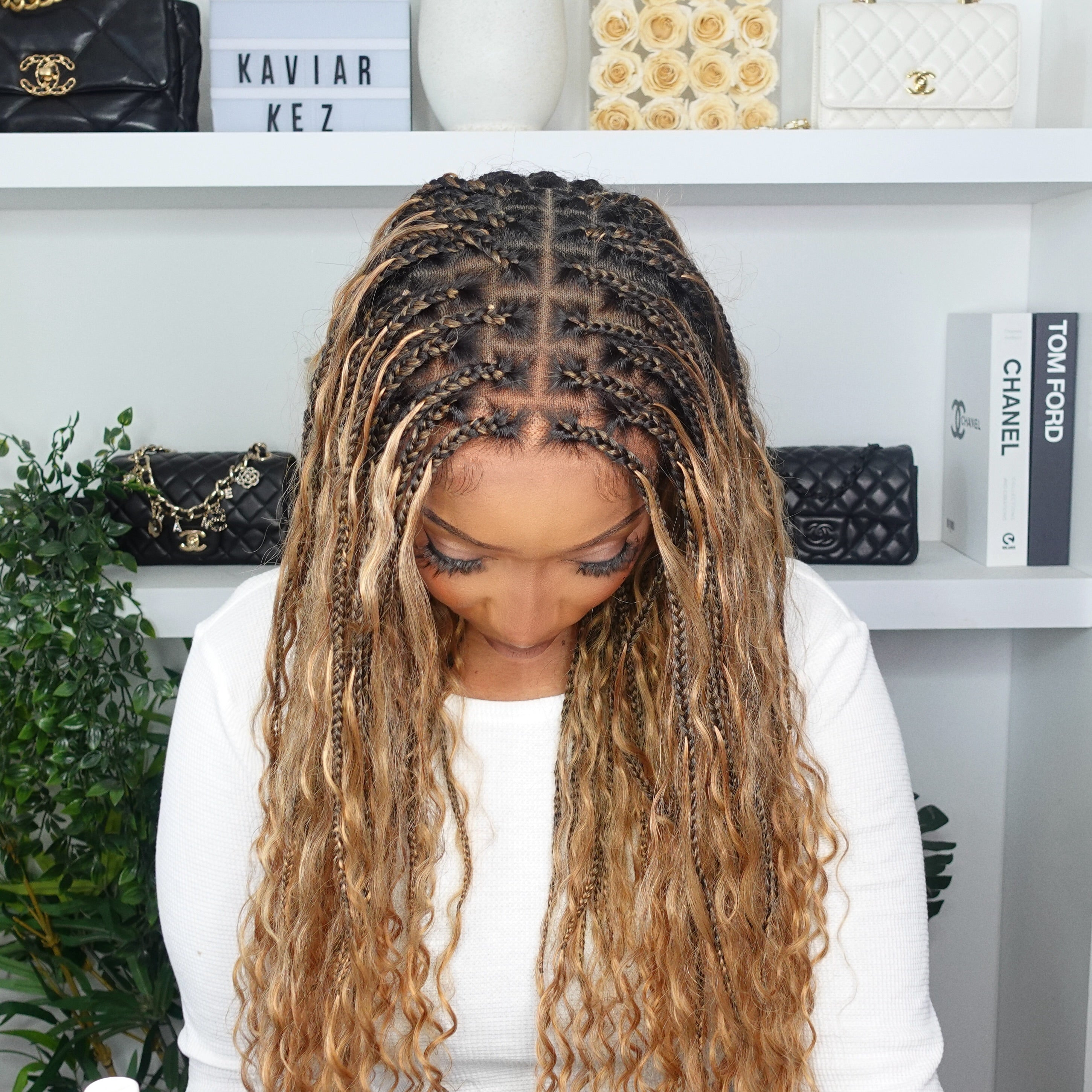 Kiki -  24" Pre Bleached Human Hair Lace Base Swiss HD Full Lace Human Hair Curls Boho Box Braided Wig