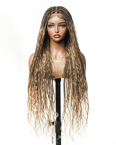 Kiki - Pre Bleached Human Hair Deep Wave Curls Pre Bleached Knotless Swiss HD Full Lace Boho Box Braided Wig