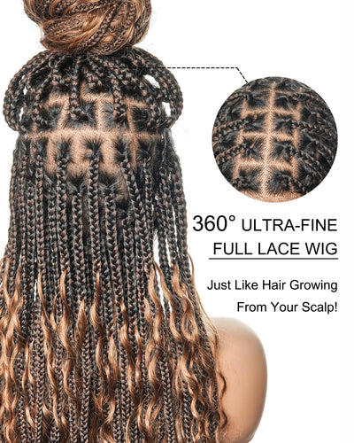 100% Hand-Tied Full Transparent Lace Human Hair Boho Curls Knotless Boho Box Braided Wig