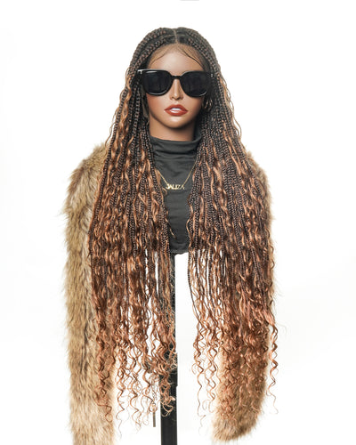 100% Hand-Tied Full Transparent Lace Human Hair Boho Curls Knotless Boho Box Braided Wig
