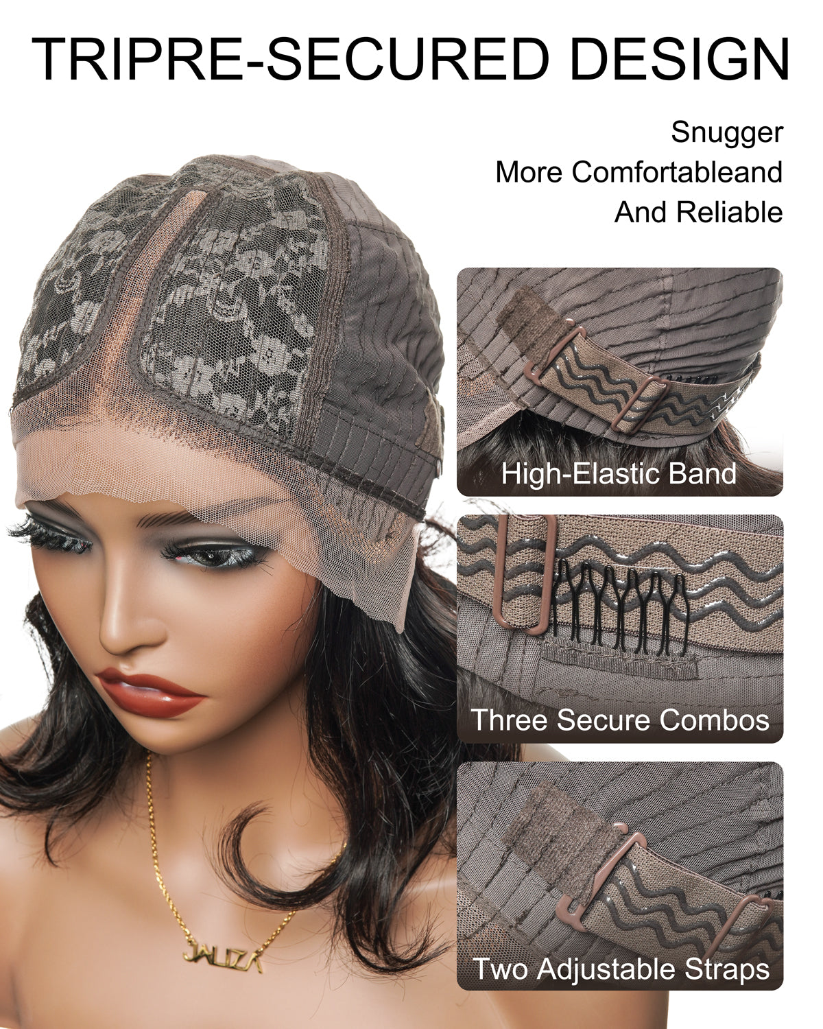 JALIZA glueless HD lace wig on a mannequin, showing the cap interior with a high-elastic band, three secure combos, and two adjustable straps for a triple-secured design.