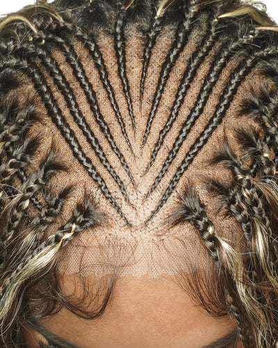 Avery - Fulani 2 Steps Pre Bleached Full lace Flip Over Cornrow Human Hair Curls Boho Box Braided Wig