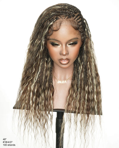JALIZA 30 inch Blend Blond 1B-4&27 Fulani Cornrow Boho Box Braids Full Lace Pre-Bleached HD Lace Braided Wig Middle Part (Mannequin - Front View)