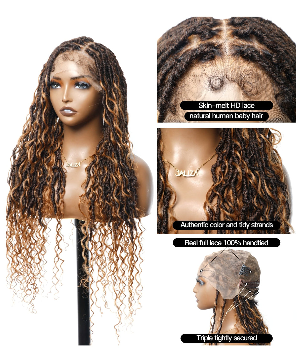 JALIZA 30 inch Ombre Brown 1B-30 Tangleless Boho Locs Full Pre-Bleached Lace Braided Wig Middle Part (Mannequin - Front View)