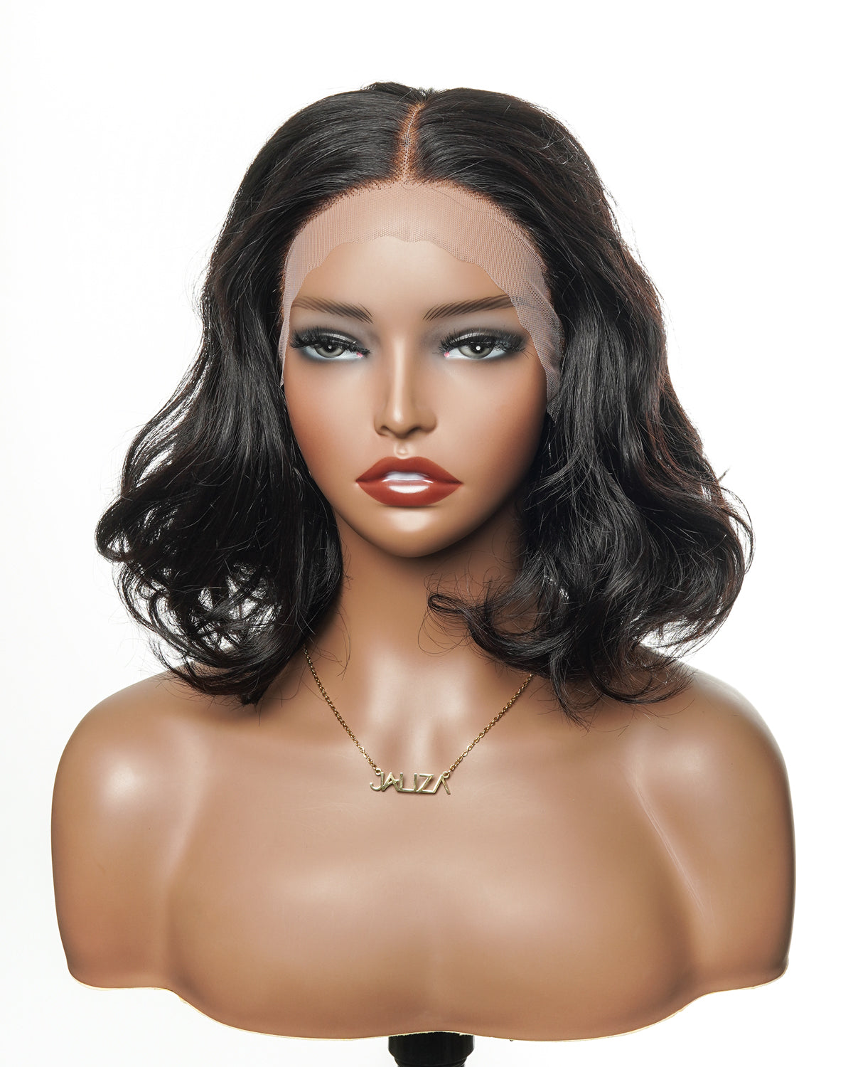 JALIZA 12 inch Natural black Deep Wave HD Frontal + Double Lace Human Hair Wig Middle Part (Mannequin - Front View)