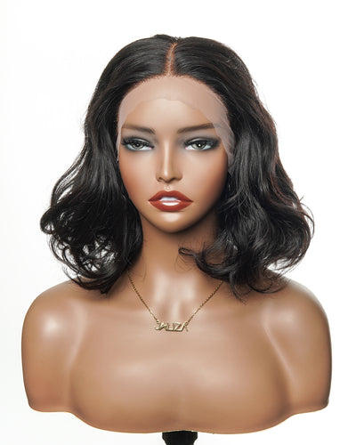 JALIZA 12 inch Natural black Deep Wave HD Frontal + Double Lace Human Hair Wig Middle Part (Mannequin - Front View)