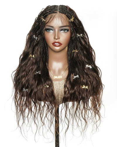 Michelle - Salon-Style Glueless Miracle Braided Wig Pre-Bleached Swiss HD Full Lace Boho Box Braids Bora Bora Human Hair Body Wave Curls