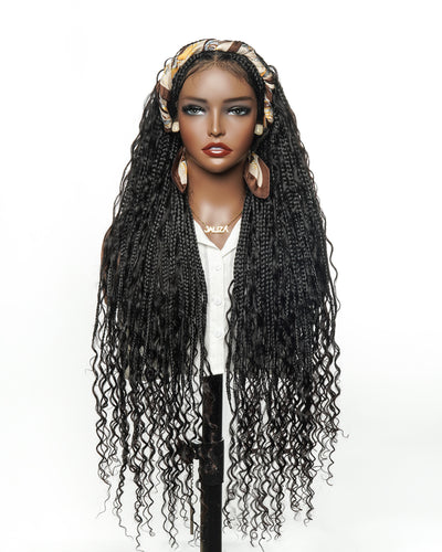 100% Hand-Tied Full Transparent Lace Human Hair Boho Curls Knotless Boho Box Braided Wig