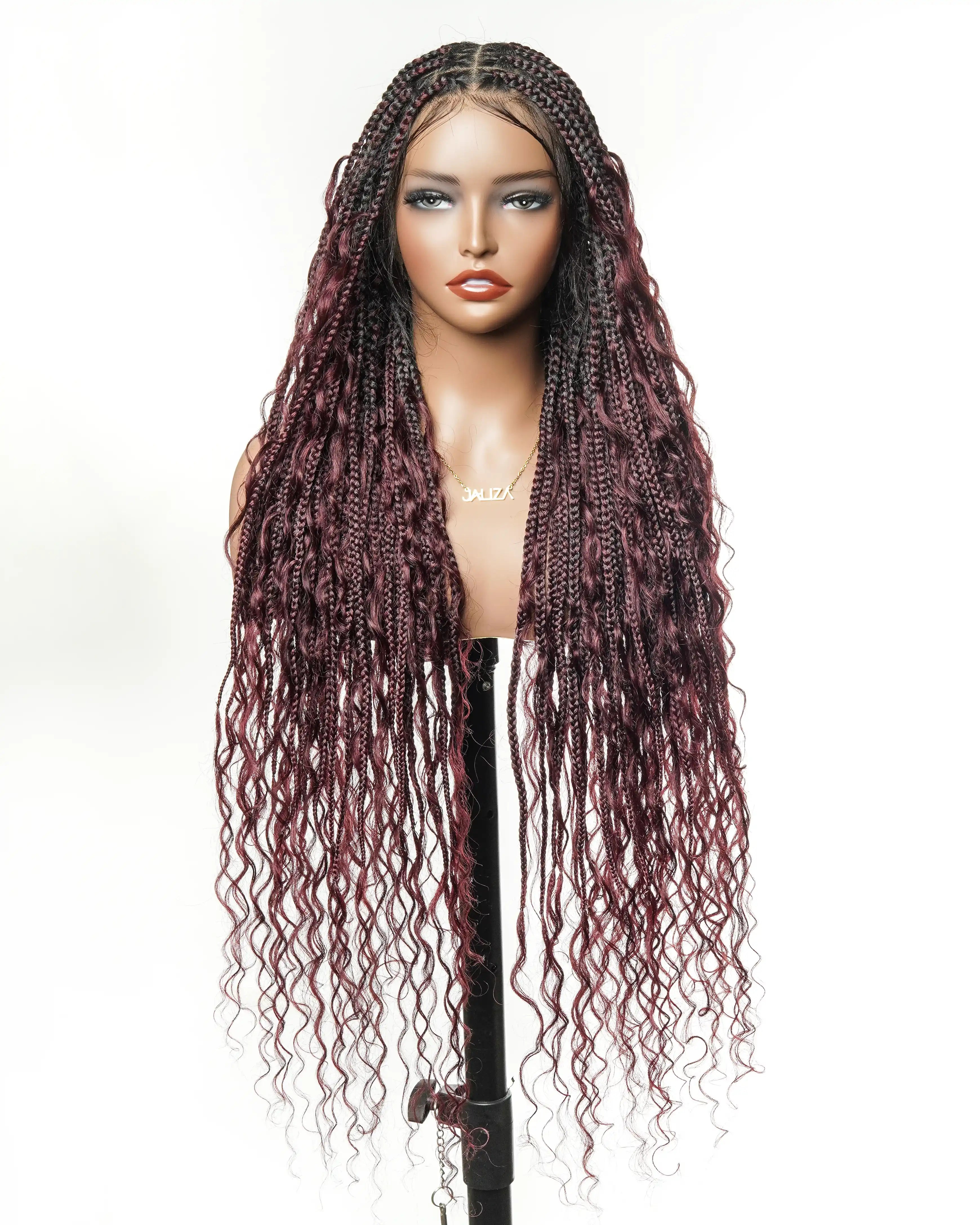 100% Hand-Tied Full Transparent Lace Human Hair Boho Curls Knotless Boho Box Braided Wig