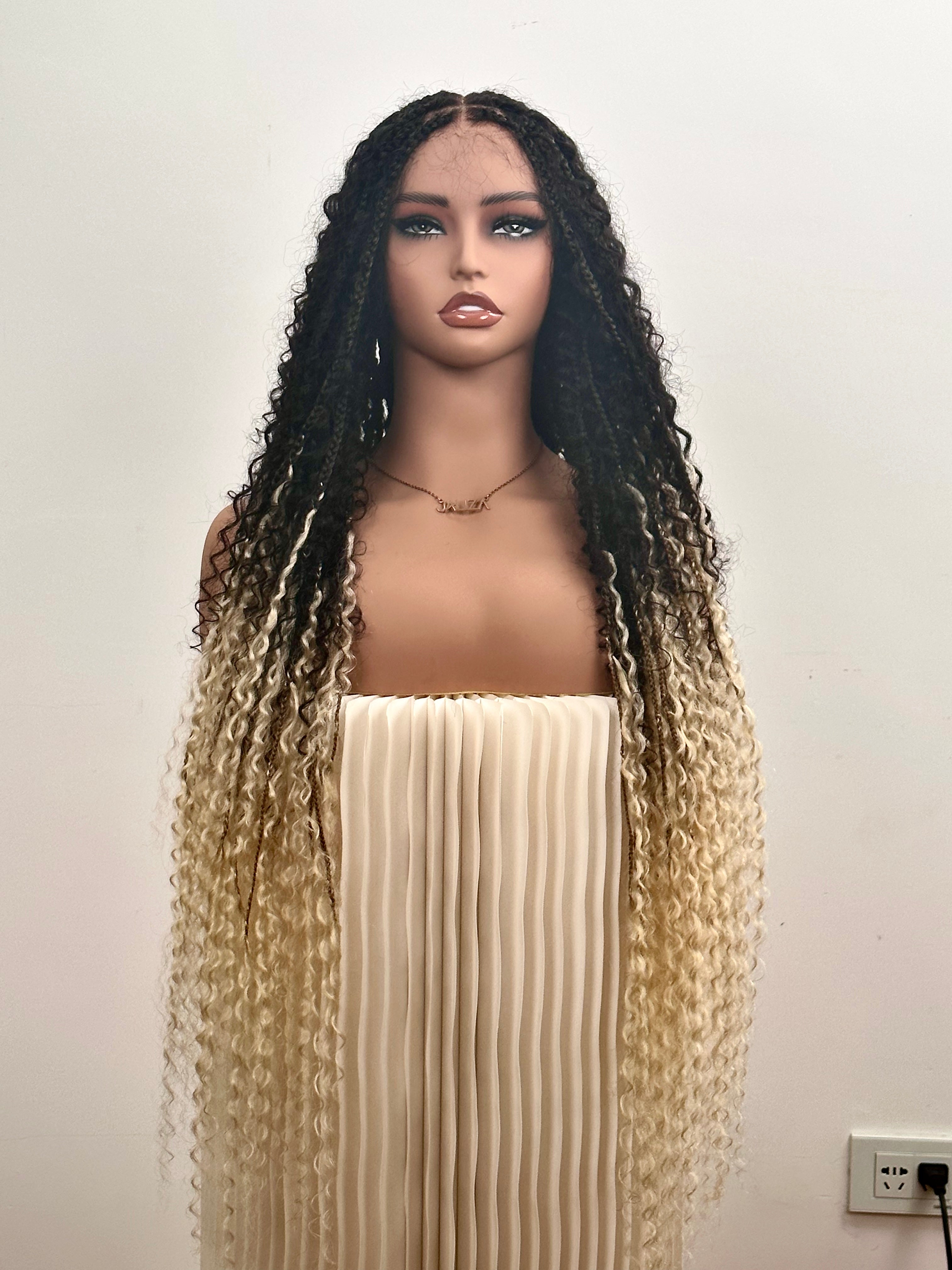 Diane's Pre bleached Human Hair Lace Ombre Boho Box Braided Wig (Extra Full)