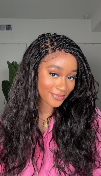 Michelle - Salon-Style Glueless Miracle Braided Wig Pre-Bleached Swiss HD Full Lace Boho Box Braids Bora Bora Human Hair Body Wave Curls