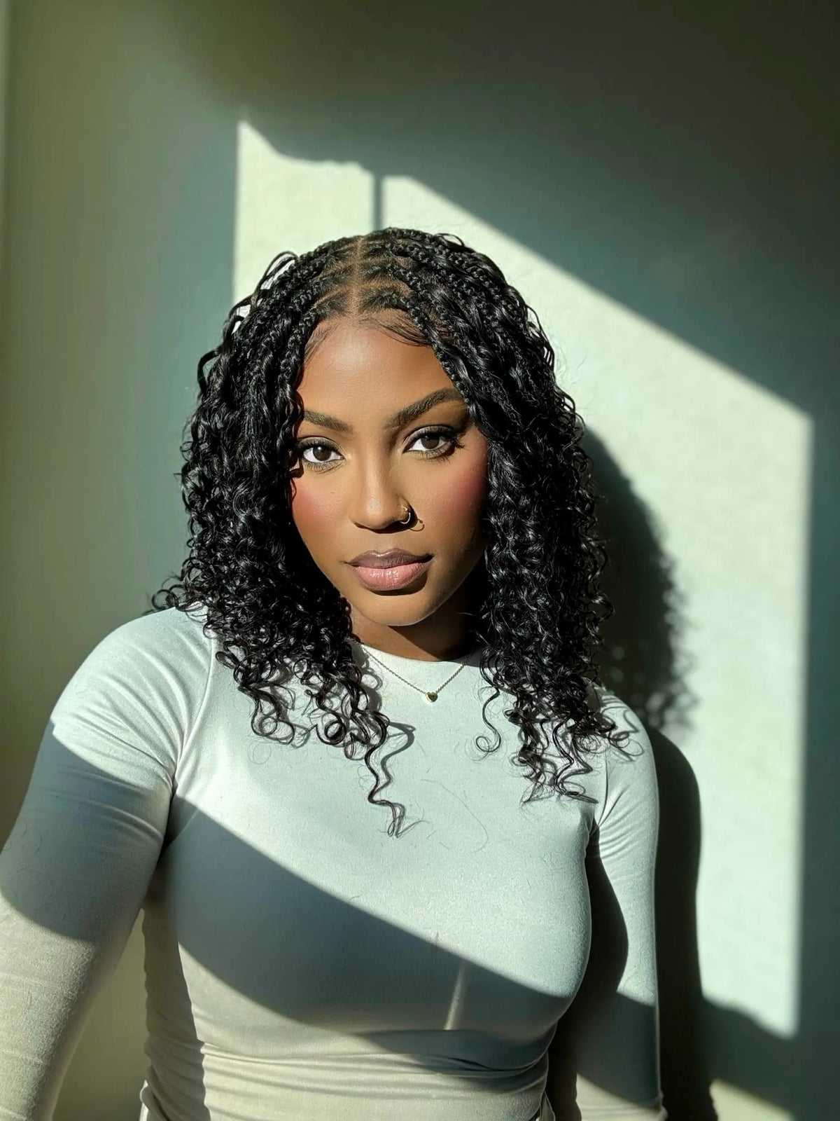 JALIZA 16 inch Natural black Knotless Boho Box Braids Full Lace Braided Wig Middle Part (Model - Front View)