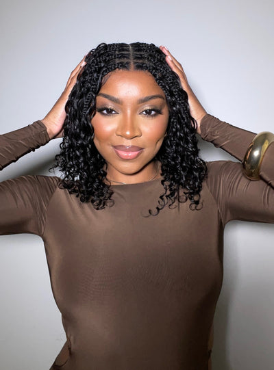 JALIZA 16 inch Natural Black Boho Box Braids Full Lace Braided Wig Middle Part (Model - Front View)
