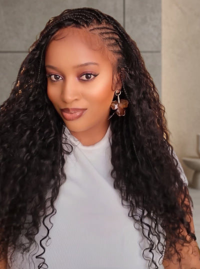 Avery - Fulani 2 Steps Pre Bleached Full lace Cornrow Human Hair Curls Boho Box Braided Wig