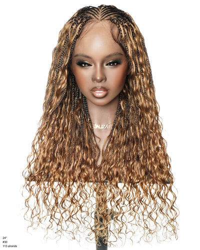 Avery Fulani Human Hair Glueless Swiss HD Lace Cornrow Frontal Boho Box Braided Wig Deep Wave 24 Inches