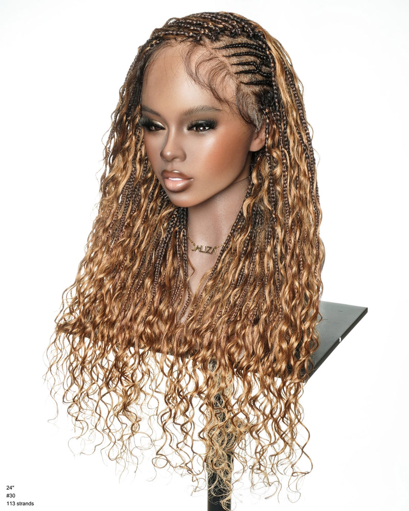 Avery Fulani Human Hair Glueless Swiss HD Lace Cornrow Frontal Boho Box Braided Wig Deep Wave 24 Inches