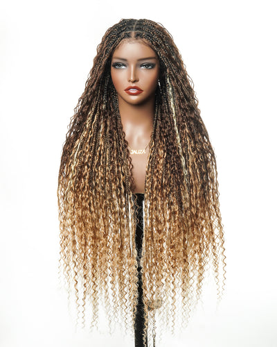 Solana - Human Hair Pre Bleached Lace Swiss HD Full Lace Blend Color 1B 4 30 27 613 Human Hair Boho Style Boho Box Braided Wig