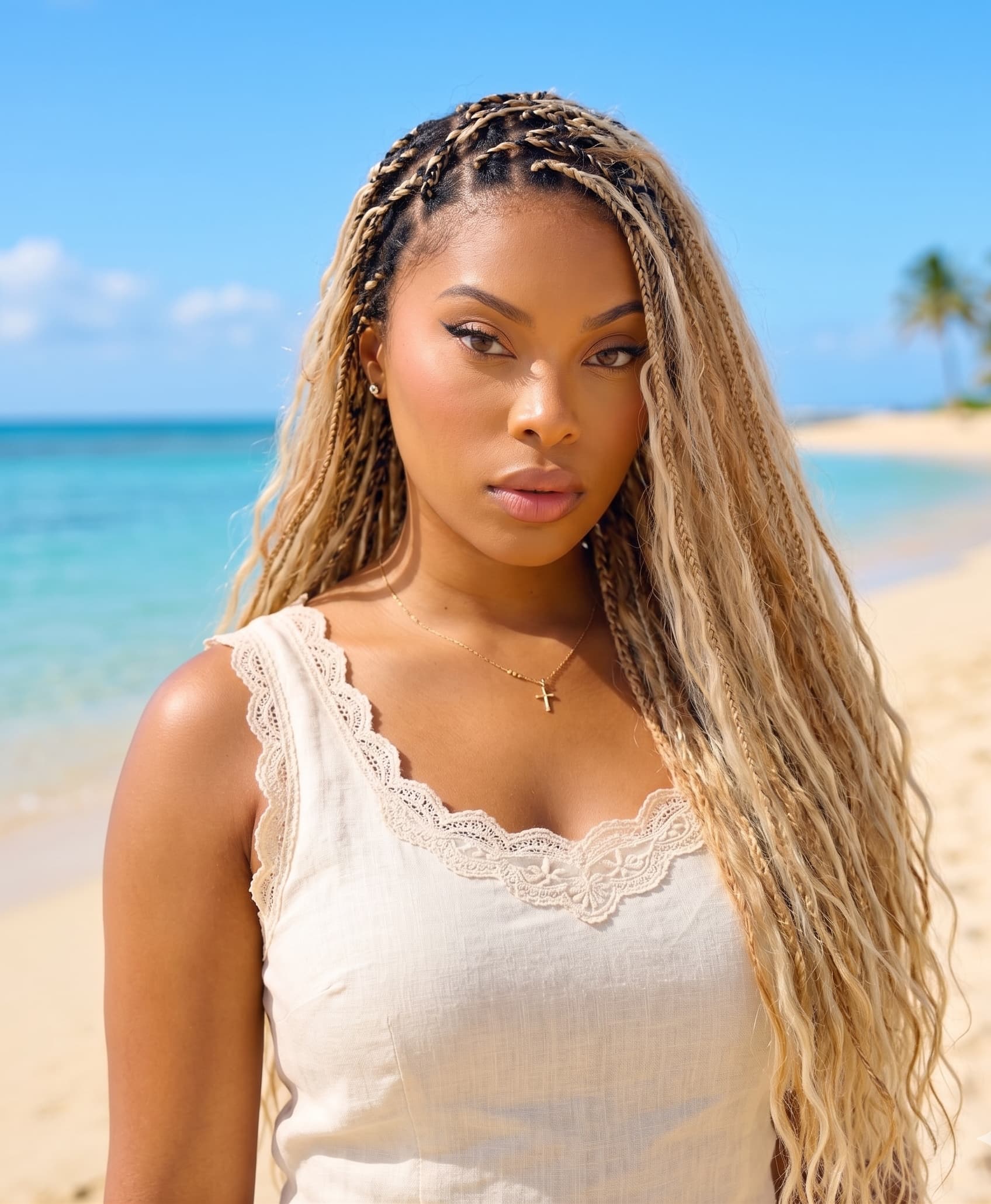 Balayage Mix Color 27/613 Human Hair Wet & Wavy Curls 36" Knotless Boho Box Pre Bleached HD Full Lace Braided Wig