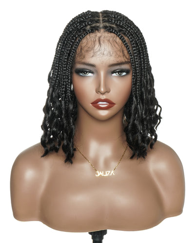 Nina - Short Pre Bleached Swiss HD Full Lace Knotless Box Braided Wig With Human Hair Curly Ends