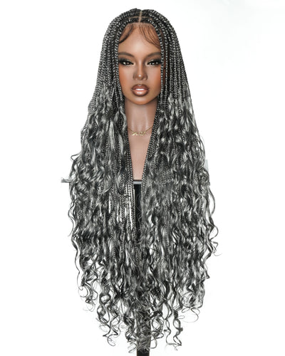 36" Salt & Pepper Blend Human Hair French Curls Knotless Box Braided Wig