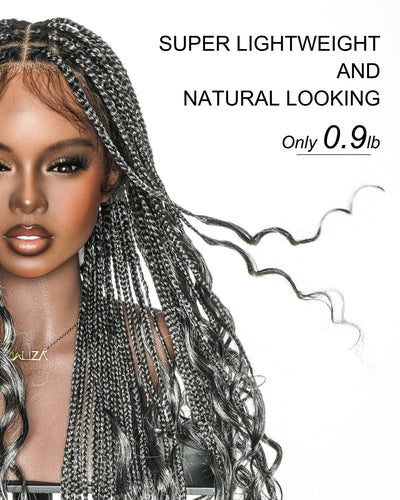 36" Salt & Pepper Blend Human Hair French Curls Knotless Box Braided Wig