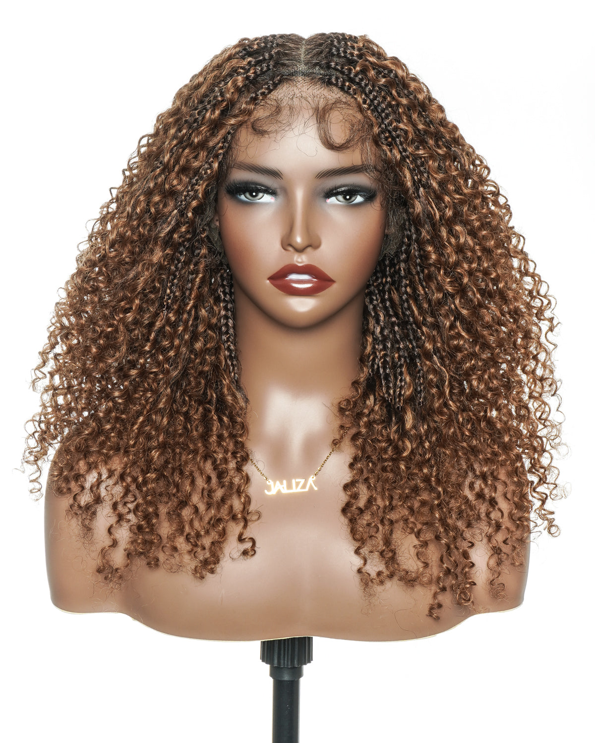 Lulu Light - Brown Color Bora Bora 18" Pre Bleached HD Full Lace Human Hair Curly Boho Box Braided Wig