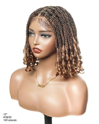 Nina - Short Pre Bleached Swiss HD Full Lace Knotless Box Braided Wig With Human Hair Curly Ends