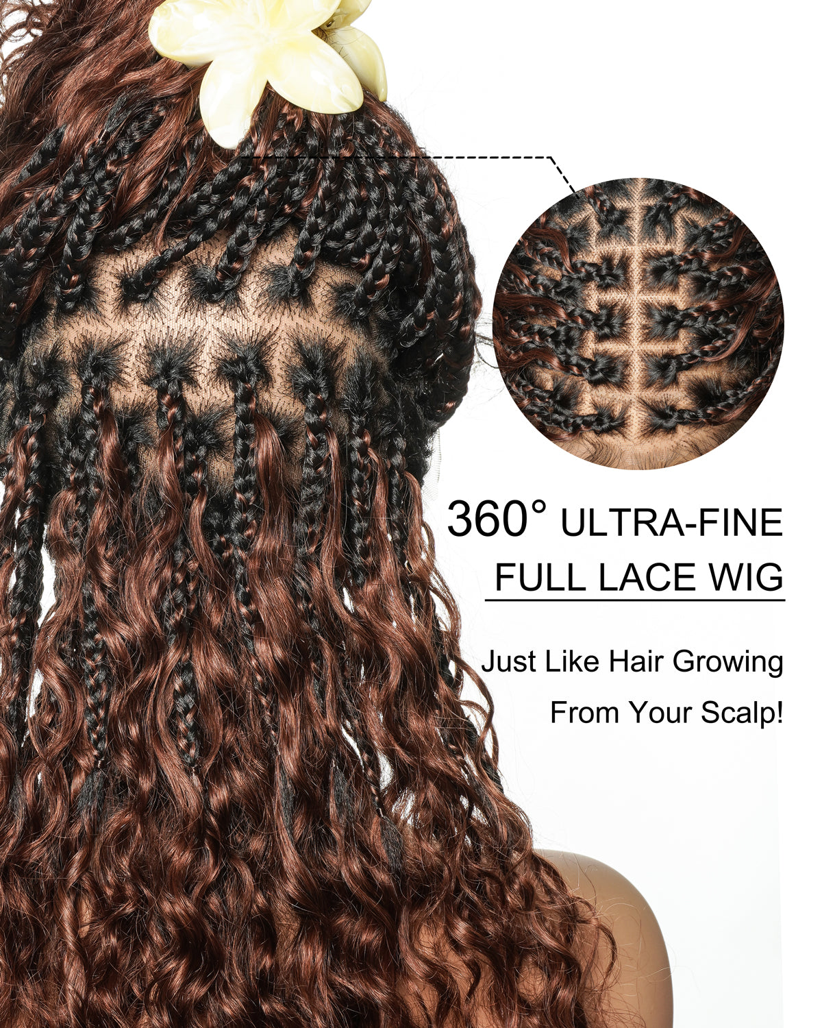 Kiki - 16" Color #33 Dark Auburn Brown Glueless Human Hair Curls Boho Box Braided Wig