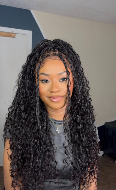 Essential Choice: 16-36" Human Hair Boho Curls Hand Tied Swiss HD Full Lace Knotless Braided Wig